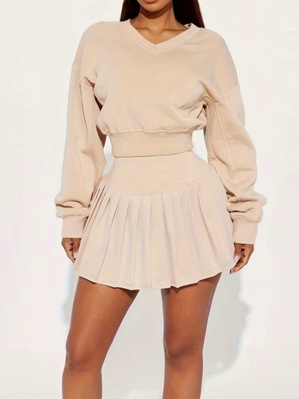 Women’s Outfit Set Pleated Mini Skirt and Cropped Top Light Beige Size M